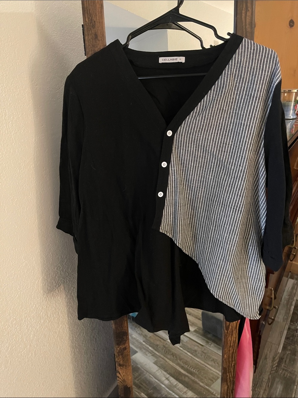 Cellar 44 Black Button-Front Top with Striped Panel